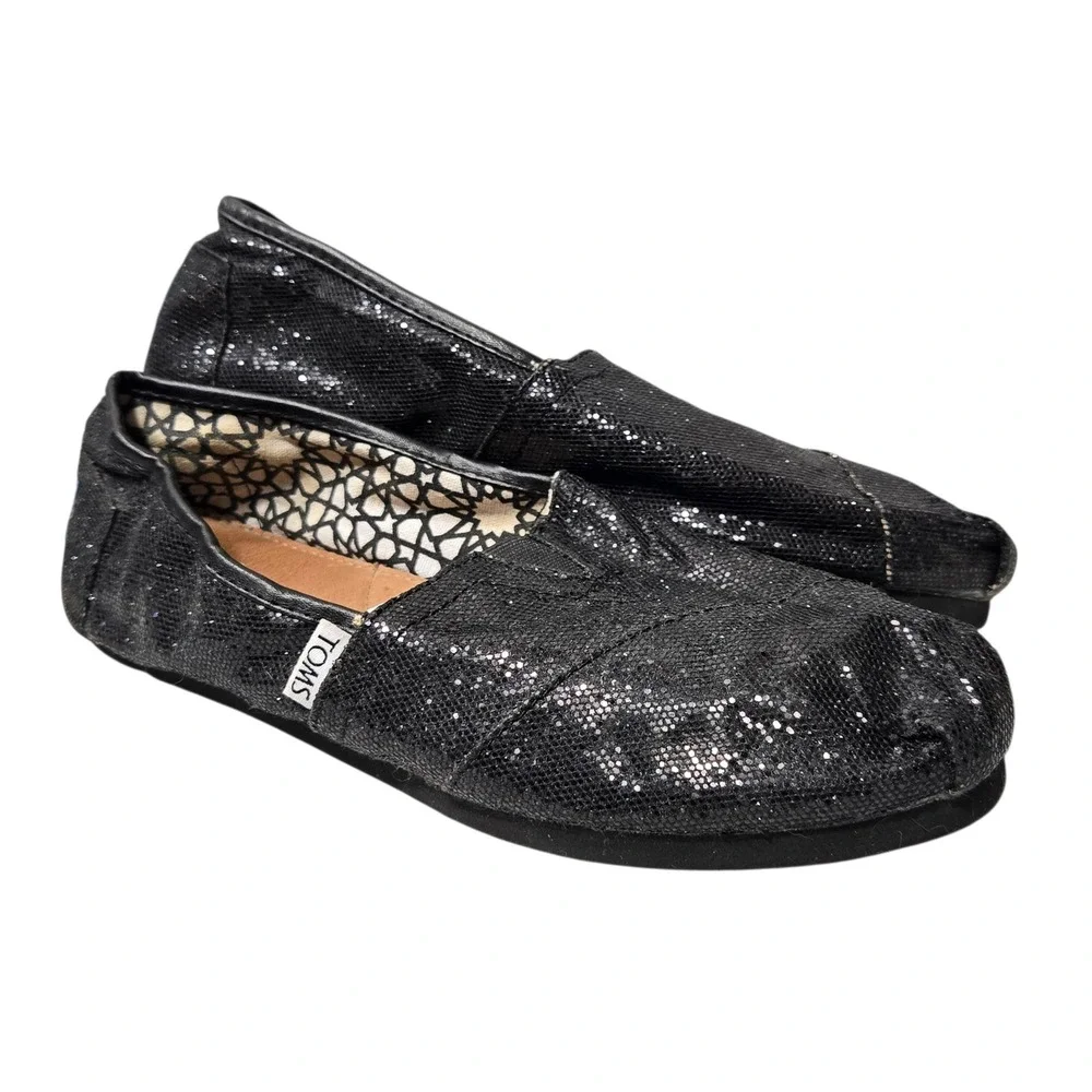 Toms Classic Alpargata Black Glitter‎ Slip On Flat Shoes Womens Size 9